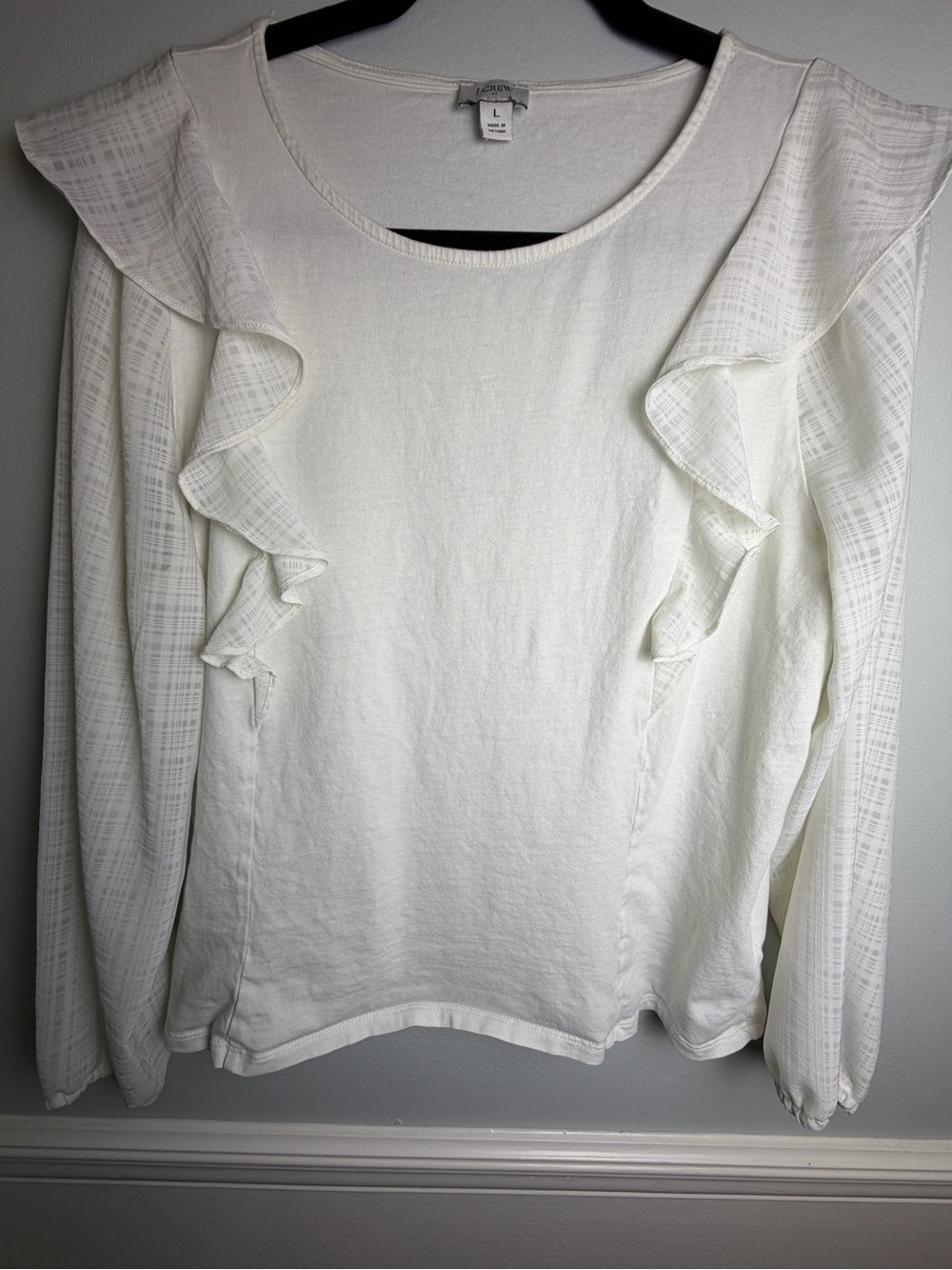 J.Crew Ivory Ruffle Long Sleeve Mixed Media Top Size L